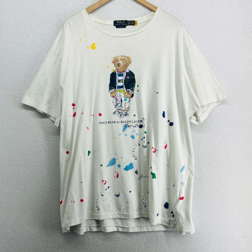 POLO RALPH LAUREN Shirt Mens XXL Polo Bear Jersey Classic Paint Splatter White